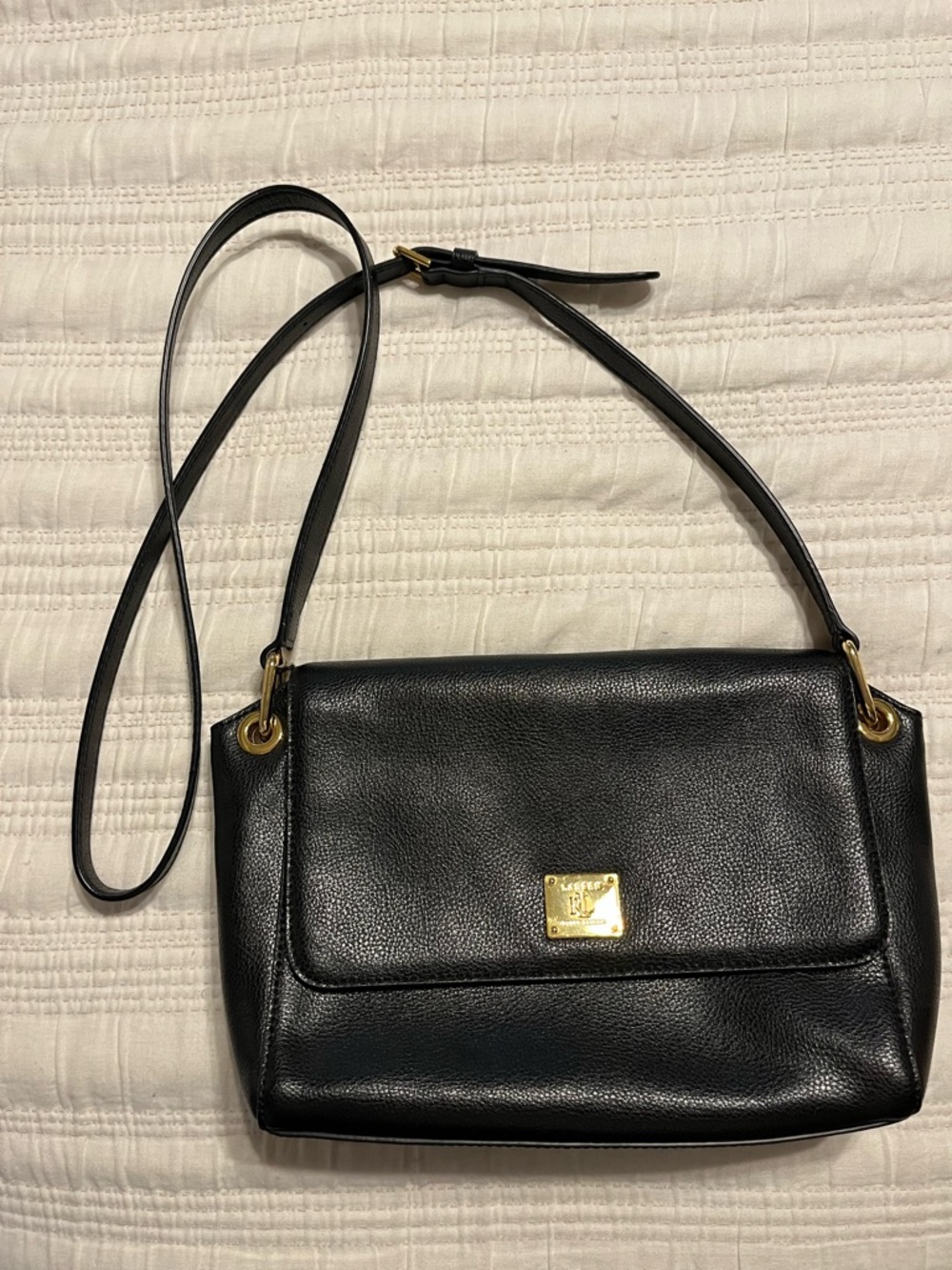 Ralph Lauren Black Leather Crossbody with Gold Plaque